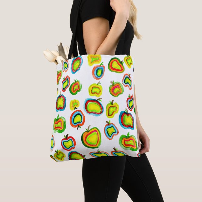 Funky apple watercolor fruit design tote bag (Close Up)