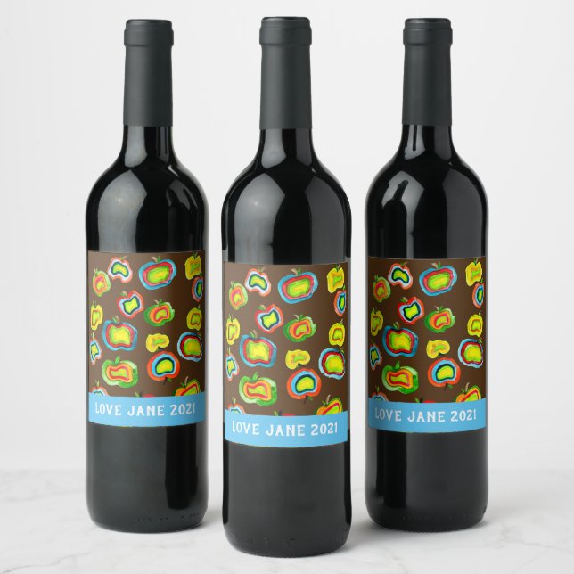Funky apple watercolor fruit design wine label (Bottles)