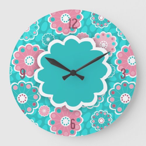 Funky aqua and pink floral abstract large clock