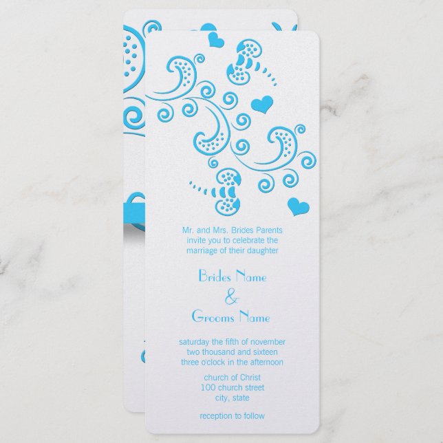 Funky Aqua Blue Butterfly or Bumble Bee Wedding Invitation (Front/Back)