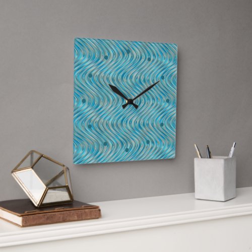 Funky Aqua Turquoise Blue Curved Lines Art Pattern Square Wall Clock