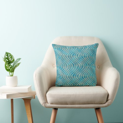 Funky Aqua Turquoise Blue Curved Lines Art Pattern Throw Pillow