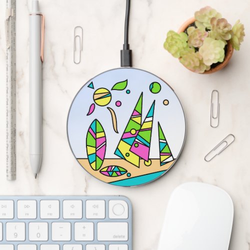 Funky Artsy Abstract Beach Motif Wireless Charger