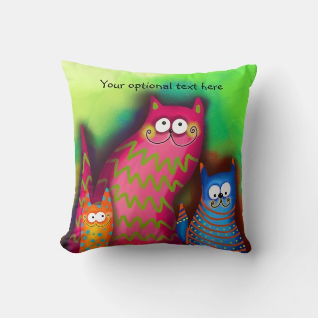 Funky Artsy Colorful Cat Throw Pillow (Front)