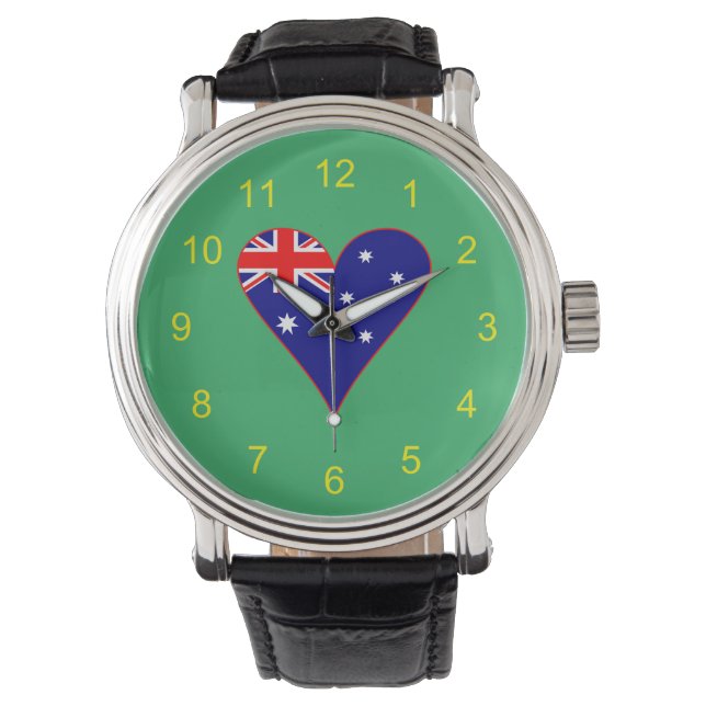 Funky Australia Heart Flag Green Background  Watch (Front)