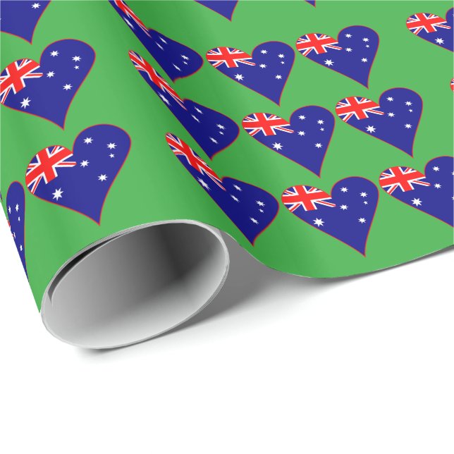 Funky Australia Heart Flag Green Background  Wrapping Paper (Roll Corner)
