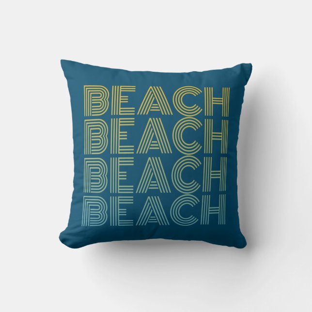 Funky Beach Typography Text On Blue Throw Pillow (Front)