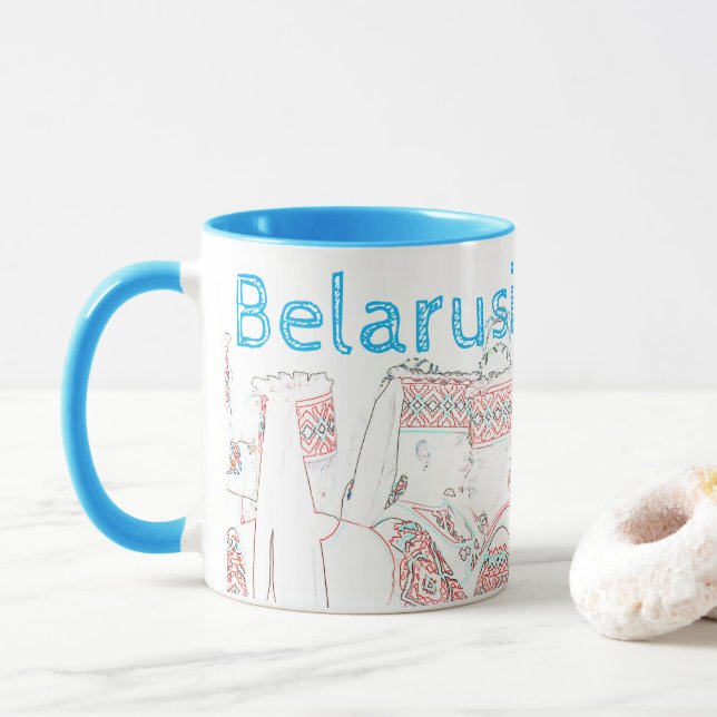 Funky Belarus Беларусь Folk Cross Stitched Mug Cup (With Donut)
