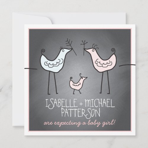 Funky Birds Modern Chalkboard Couples Baby Shower Announcements
