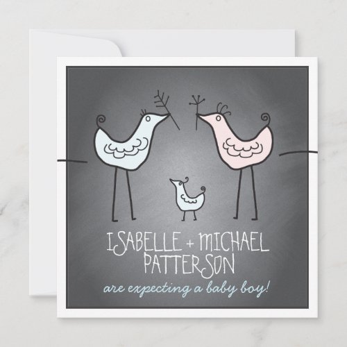 Funky Birds Modern Chalkboard Couples Baby Shower Invites
