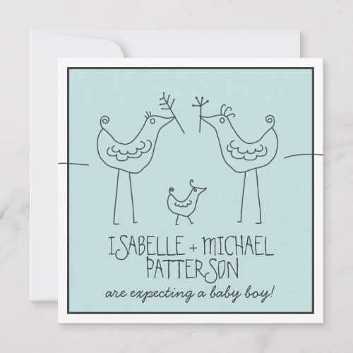 Funky Birds Modern Family Couples Baby Boy Shower Personalized Invitation