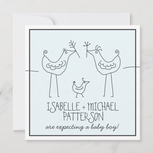 Funky Birds Modern Family Couples Baby Boy Shower Invitation (Front)