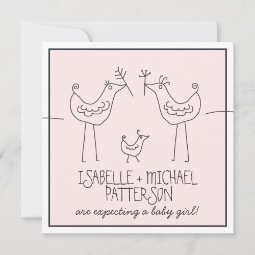 Funky Birds Modern Family Couples Baby Girl Shower Custom Invites
