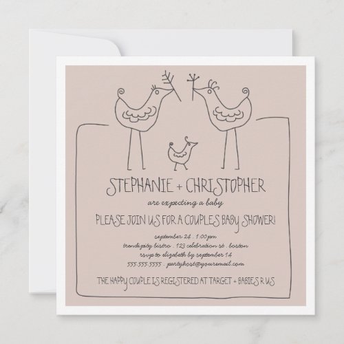 Funky Birds Modern Family Couples Baby Shower Tan Invitations