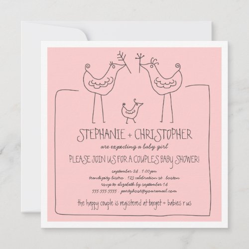 Funky Birds Modern Family Couples Girl Baby Shower Custom Announcements