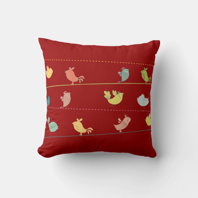 funky birds on a wire throw pillow_red pillow (Front)