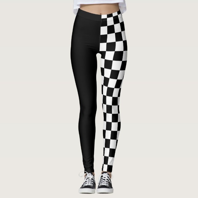 Funky Black And White Checkered Flag Pattern Leggings (Front)