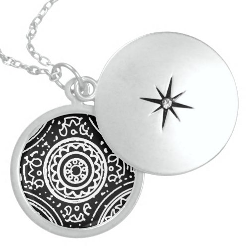Funky Black and White Mandala Pattern Line Art Locket Necklace