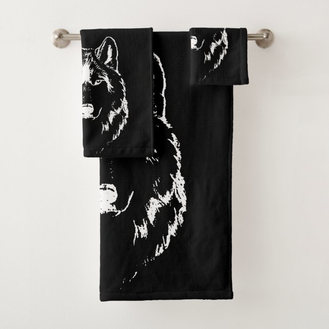 Funky Black And White Wolf Face Head Sketch Bath Towel Set (Insitu)