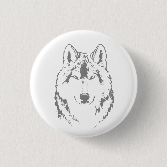 Funky Black And White Wolf Face Head Sketch Button (Front)