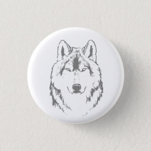 Funky Black And White Wolf Face Head Sketch Button
