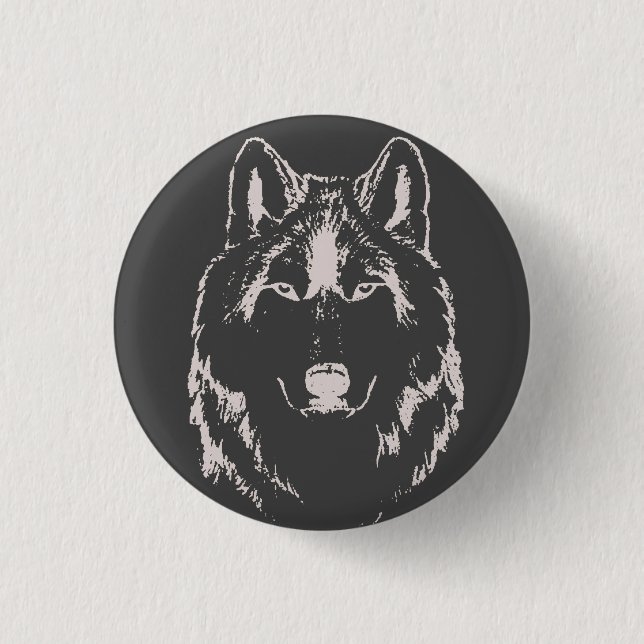Funky Black And White Wolf Face Head Sketch Button (Front)