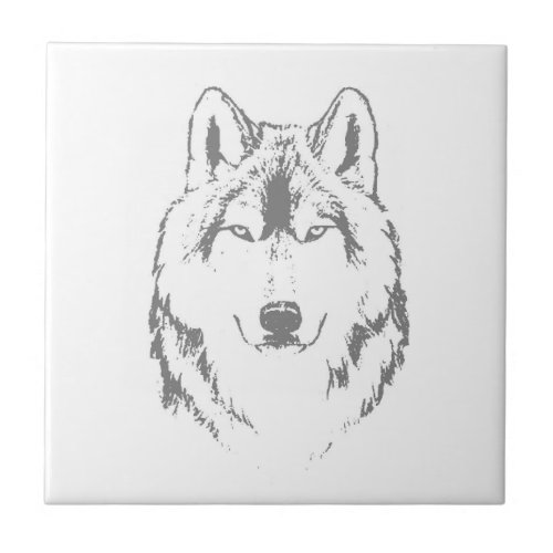 Funky Black And White Wolf Face Head Sketch Ceramic Tile