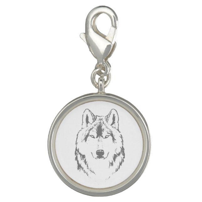 Funky Black And White Wolf Face Head Sketch Charm (Front)