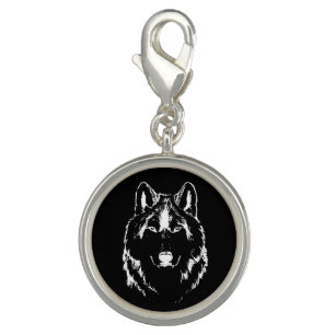 Funky Black And White Wolf Face Head Sketch Charm