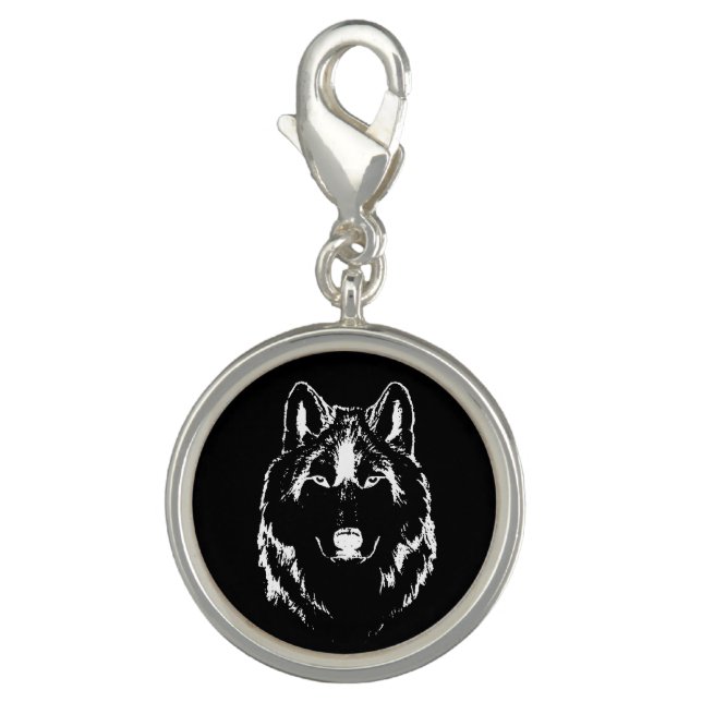 Funky Black And White Wolf Face Head Sketch Charm (Front)