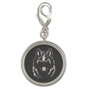 Funky Black And White Wolf Face Head Sketch Charm