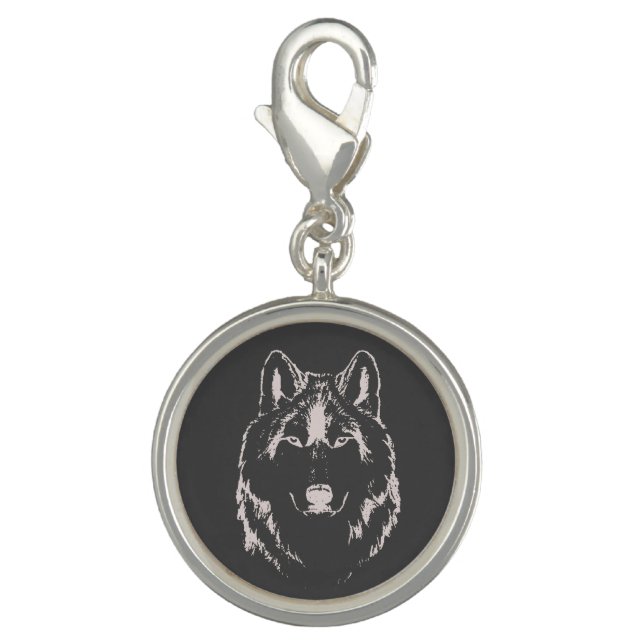 Funky Black And White Wolf Face Head Sketch Charm (Front)