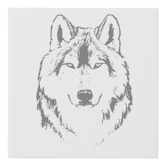 Funky Black And White Wolf Face Head Sketch Faux Canvas Print (Front)