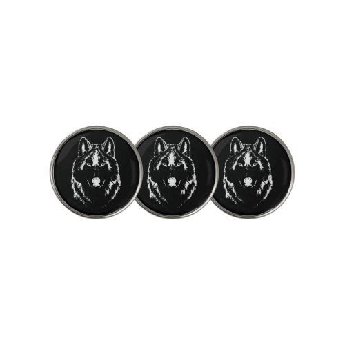 Funky Black And White Wolf Face Head Sketch Golf Ball Marker