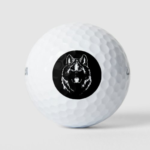Funky Black And White Wolf Face Head Sketch Golf Balls