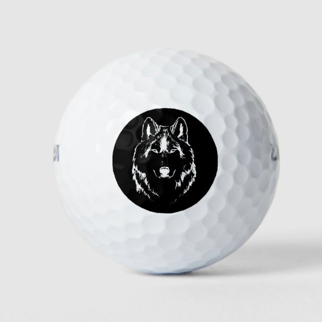 Funky Black And White Wolf Face Head Sketch Golf Balls (Front)