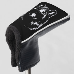 Funky Black And White Wolf Face Head Sketch Golf Head Cover