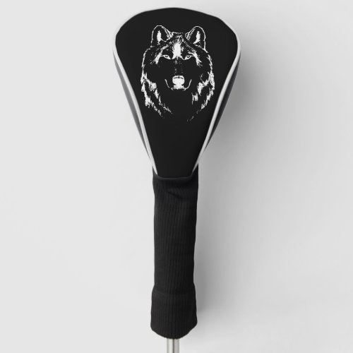 Funky Black And White Wolf Face Head Sketch Golf Head Cover