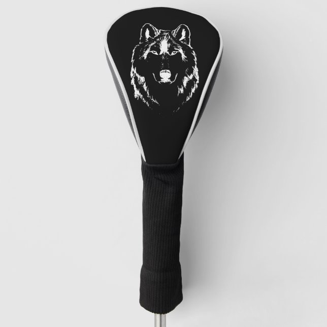 Funky Black And White Wolf Face Head Sketch Golf Head Cover (Front)
