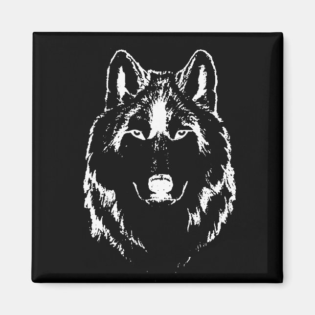 Funky Black And White Wolf Face Head Sketch Magnet (Front)