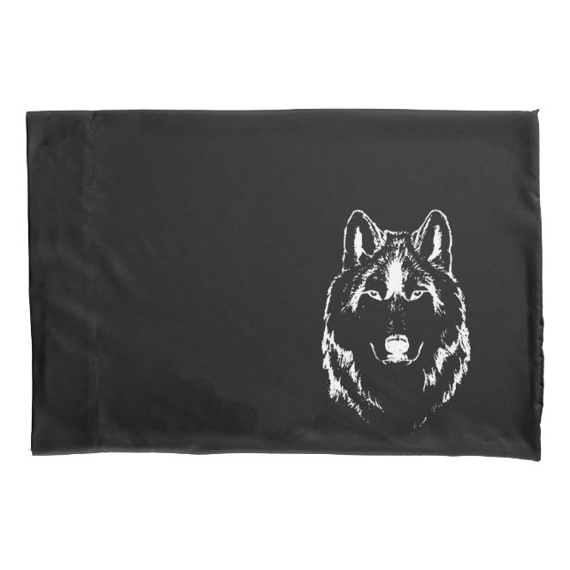 Funky Black And White Wolf Face Head Sketch Pillow Case (Front)