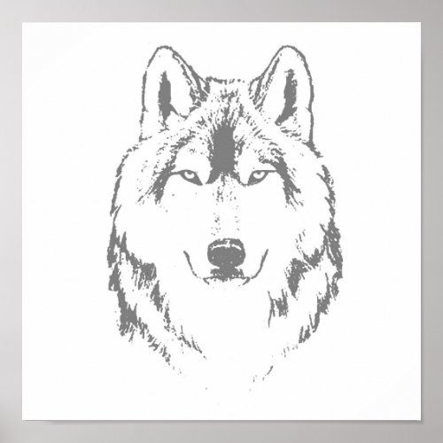 Funky Black And White Wolf Face Head Sketch Poster
