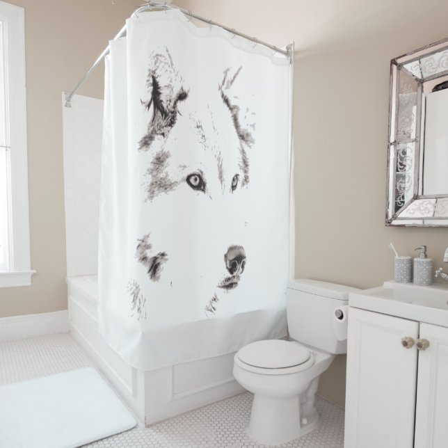 Funky Black And White Wolf Face Head Sketch Shower Curtain (In Situ)