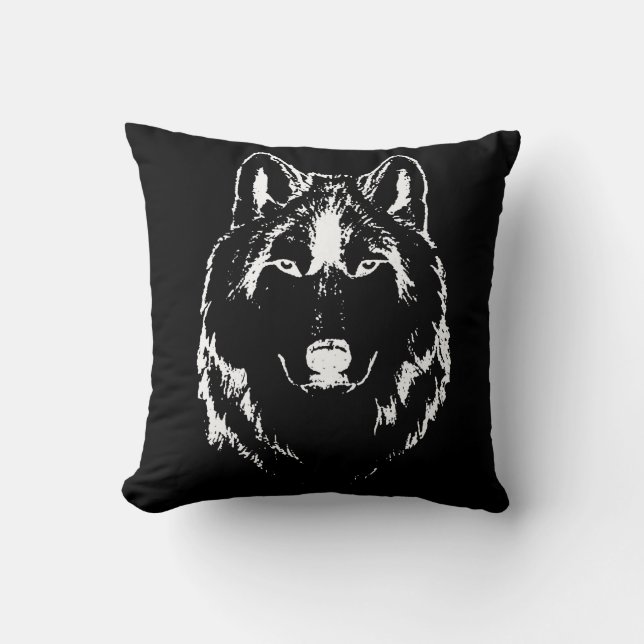 Funky Black And White Wolf Face Head Sketch Throw Pillow (Front)