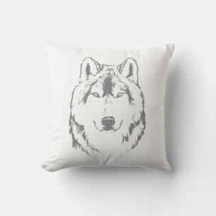 Funky Black And White Wolf Face Head Sketch Throw Pillow