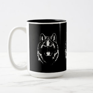 Funky Black And White Wolf Face Head Sketch Two-Tone Coffee Mug