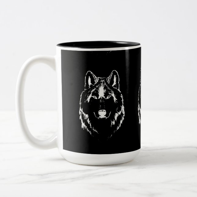 Funky Black And White Wolf Face Head Sketch Two-Tone Coffee Mug (Left)