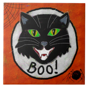 Funky Black Cat Abstract Halloween Art Ceramic Tile