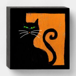 Funky Black Cat Abstract Halloween Art Wooden Box Sign