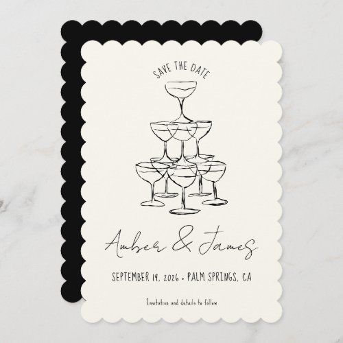 Funky Black Hand drawn Champagne Tower Wedding Save The Date